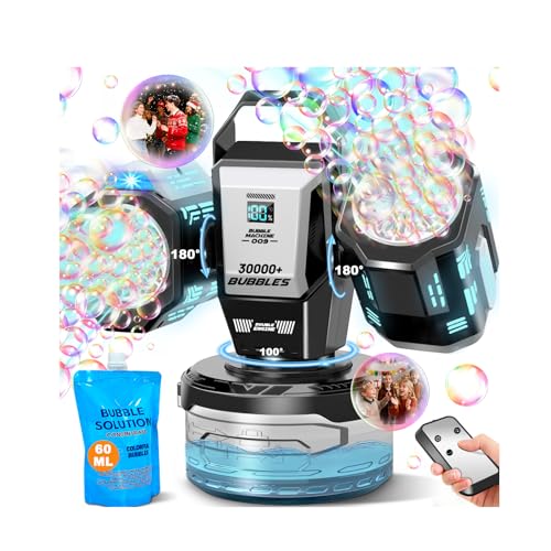 Rechargeable Bubble Machine with RGB Lights: Creates 30,000 Bubbles/Min Storm, Auto 360° Rotation, Type-C Charge - Remote Control Bubble Maker for Romantic Wedding, Kids Party & Outdoor Events