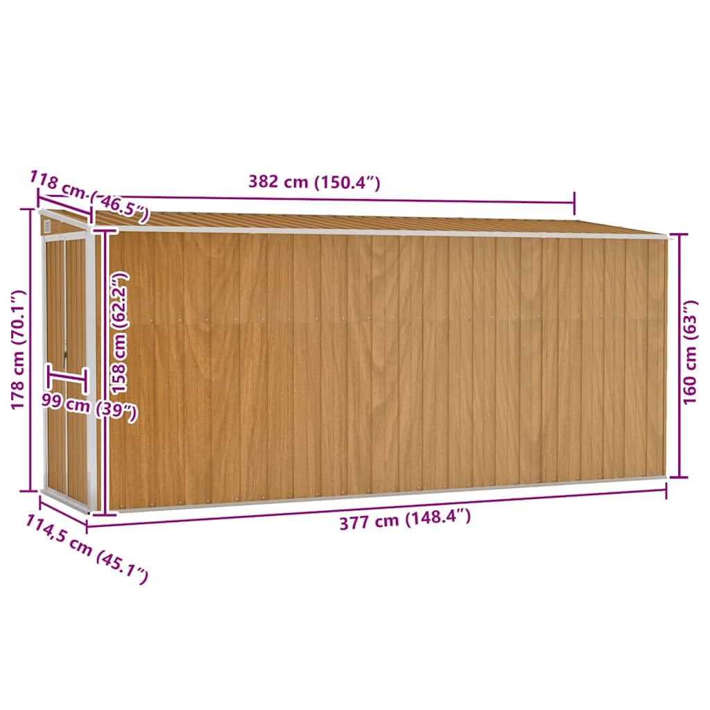 Wandmontiertes Gartenhaus Braun in Holzoptik aus verzinktem Stahl 118 x 382 x 178 cm mit Doppeltüren, Kunststoffgriff, abschließbar für Werkzeug, Rasenmäher, Terrasse und Gartenlagerung