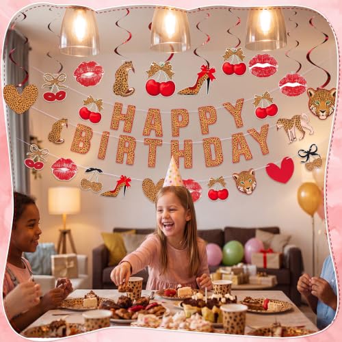 Image of Cheetah Birthday Party Decorations, Pre-Strung Leopard Hanging Banner | Red and Black Cheetah Cherry Banner with Cute Cherries Hanging Swirls for Women Girls Birthday Supplies