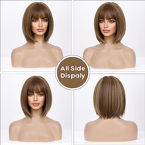 EMMOR Brown Bob Wig with Bangs 13" Short Bob Wigs for Women Heat Resistant Synthetic Wig Natural Looking for Daily Use Party and Cosplay(Brown with Blonde Highlights) - Image 2
