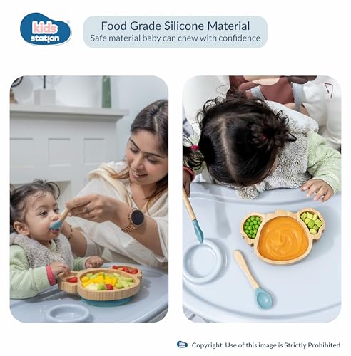 Image of Kids Station Koala Design 5-Piece Silicone Feeding Set for Babies | BPA-Free, Includes Suction Plate, Bowl, Spoon, Fork & Bib | Ideal for Infants & Toddlers (Set of 5 Koala Feeding Set, Blue)