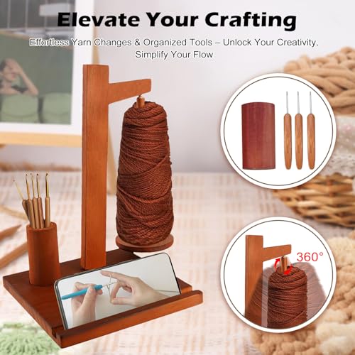 Image of Rumexeng Wooden Yarn Holder with Phone Stand, Wooden Yarn Spool Rack for Crocheting and Knitting, Crochet Hook Storage, Magnetic Yarn Ball Spinner Holder, Ideal Gift for Craft Lovers (Brown)