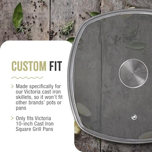 Image of 9.7-Inch Glass Lid for Victoria Square 10-Inch Square Skillet or Pan, Custom Made for Only Victoria Brand, Internal Diameter 9.7-Inch, External Diameter 10 Inch