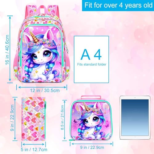 Image of CCJPX 3Pcs Unicorn Backpack for Girls, 16 inch Kids Bookbag with Lunch Box, Water Resistant Elementary School Bag for Kindergarten Preschool Toddler (Pink)