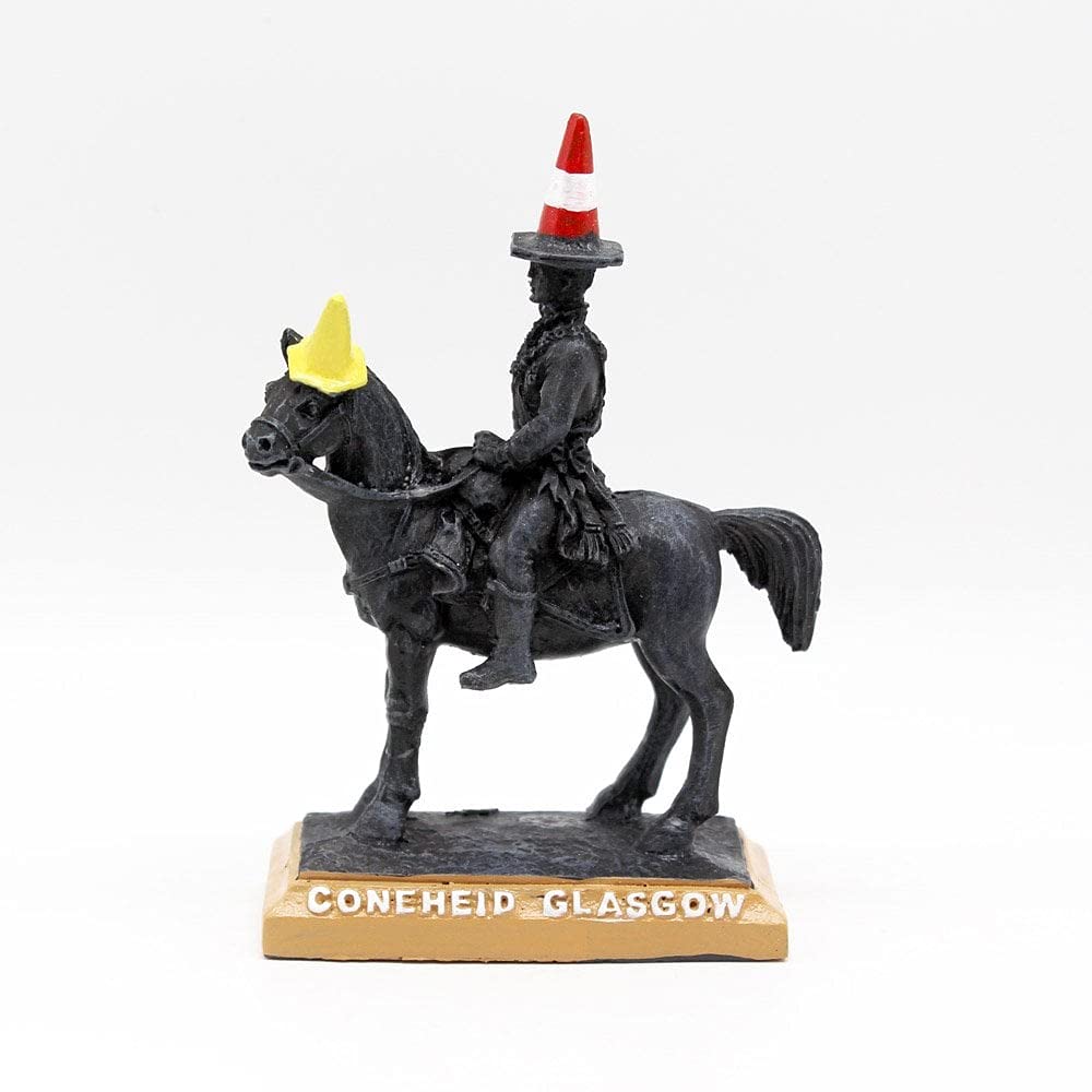 Birsppy Lang Syne Glasgow Humour Cone Heid Small Ornament of Duke of Wellington Mounted On Horse with Traffic Cone On Head