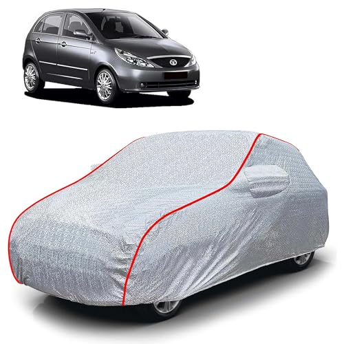Image of Sulfar 100% Waterproof Car Body Cover Compatible with Mirror for Tata Indica Vista (Triple Stitched, Full Bottom Elastic, Magic Silver with Red Piping)