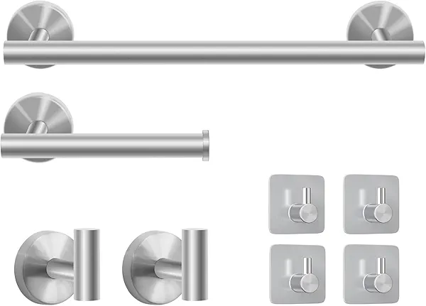 8-Piece Bathroom Hardware Set, Brushed Nickel, SUS304 Stainless Steel, Includes 16" Towel Bar, Toilet Paper Holder, Towel Hooks, Towel Racks for Bathroom (8 PCS Silver)