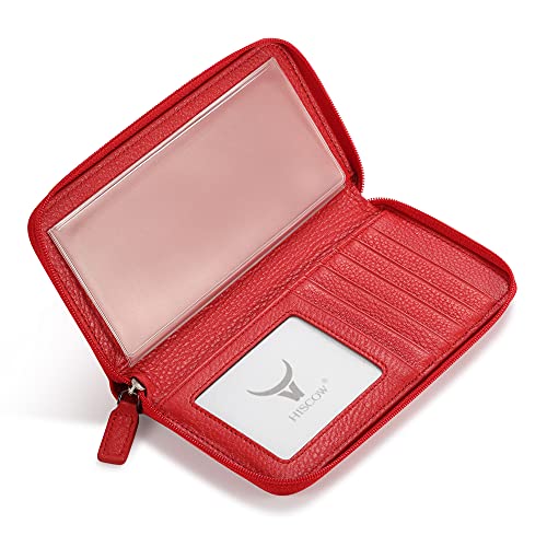 Image of HISCOW Leather Checkbook Cover, Zippered Wallet, Pebbled Red | Full grain cowhide, 5cc & ID window, personal check book & register pockets, removable duplicate divider, women secure zipper