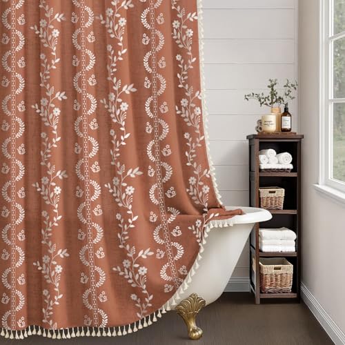 NDDYCU Vintage Boho Terracotta Shower Curtain, Floral Linen Patterned Shower Curtains for Bathroom with Tassels, 72 x 72 by NDDYCU - Image 3