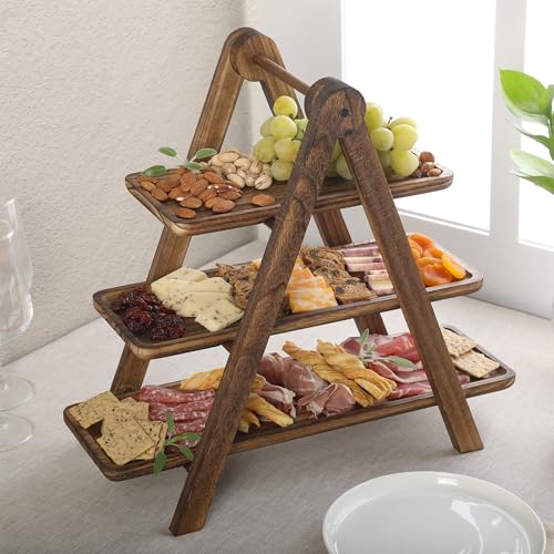 Image of Gibson Home Truss Peak 3 Tier Serving Tray for Party, 18 inch Acacia Wood Cupcake /Charcuterie /Dessert Farmhouse Tiered Platters with Collapsible Wood Rack
