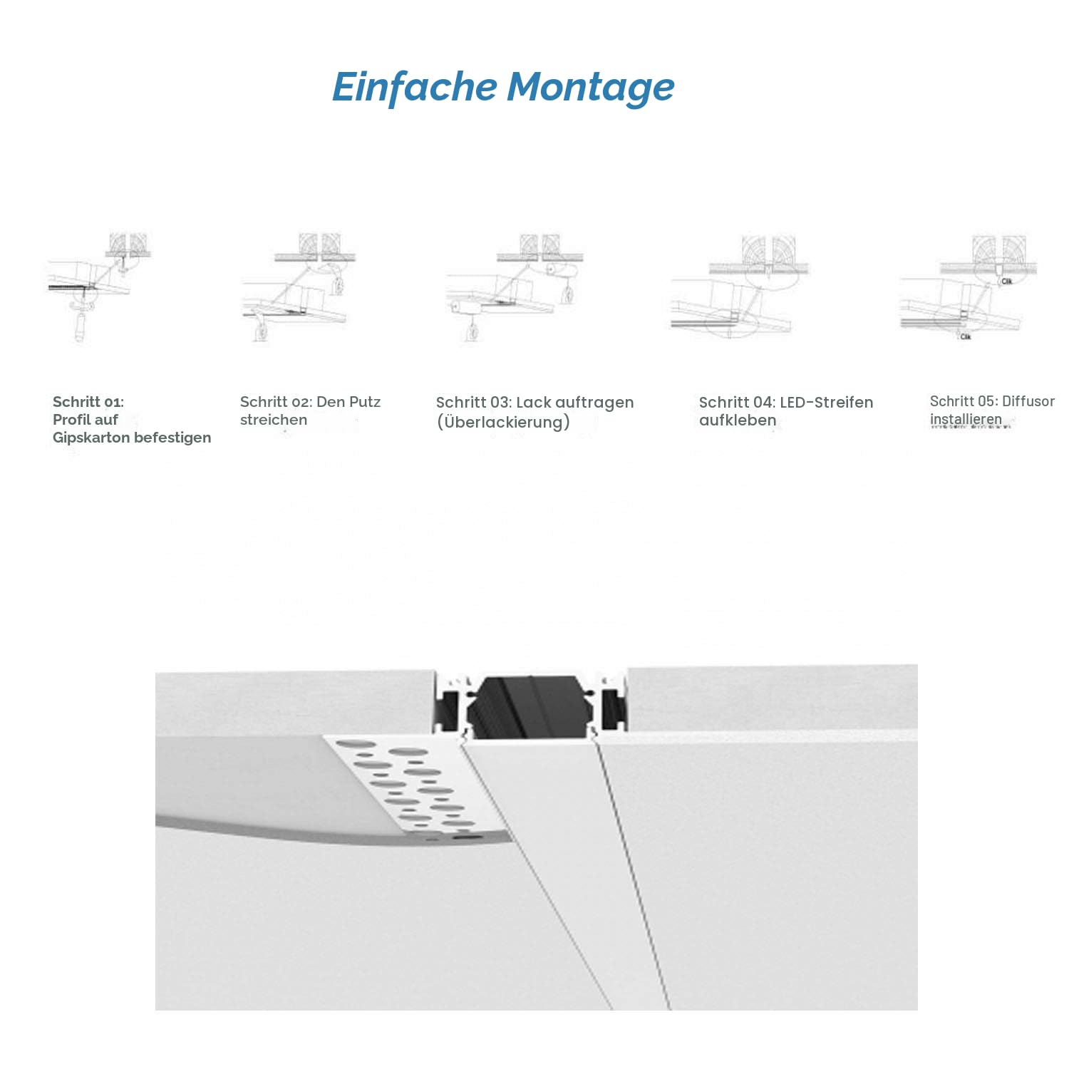 Besseto LED Profil Trockenbau,6Pack 1M Trockenbau Streifen Licht Diffusor Profil,Trimless Einbau Aluminium LED Profile f¨¹r Wand und Decke