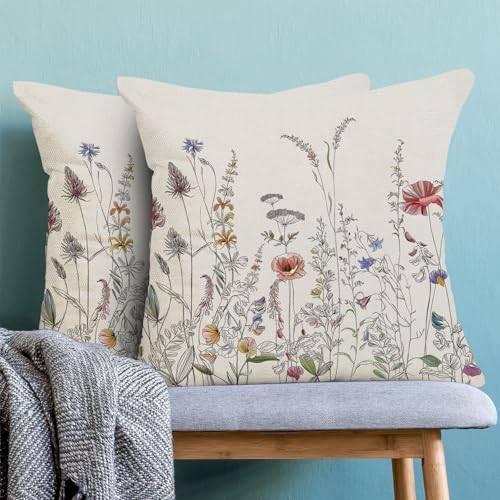 Image of AEIOAE Spring Pillow Covers 20x20 Inch Set of 2, Black Wild Flower Throw Pillows Case,Colorful Seasonal Floral Plant Outdoor Decorative Farmhouse Decor Cushion Covers for Home Sofa Bed Couch