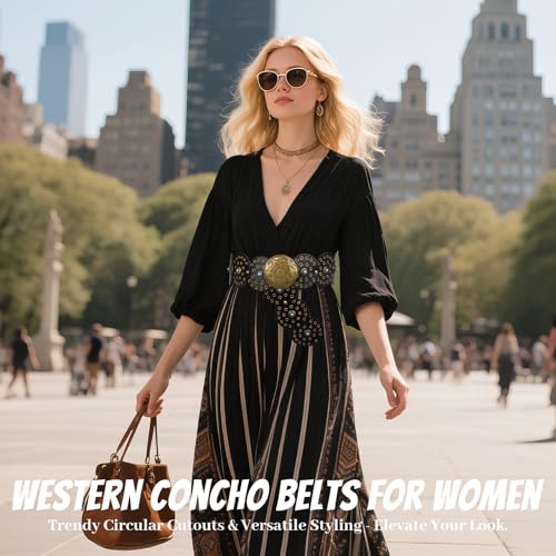Western Leather Belts for Woman Boho Cowgirl Wide Disc Belt for Women Concho Cowboy Waist Belts for Dress (Black-bronze Buckle, 41'' (fits waist size up to 37''))4