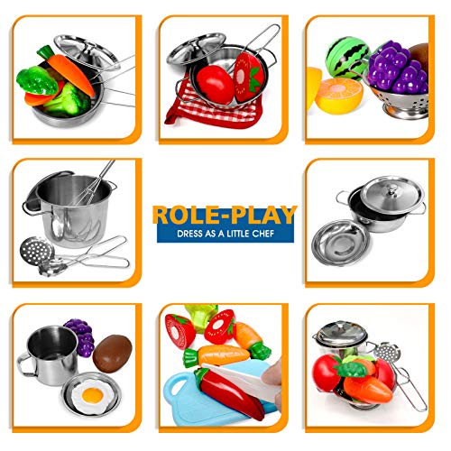 Poputoy 28Pcs Pretend Play Kitchen Toys, Kitchen Playset Cooking Toys Set With Stainless Steel Cookware And Accessories For Kids Toddlers Girls Boys #TOP1