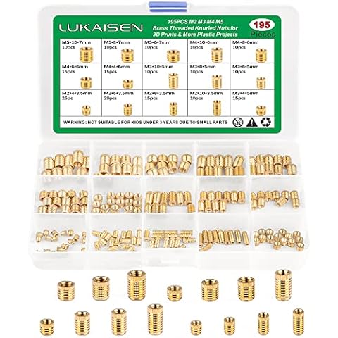 Threaded Inserts, 195Pcs Brass Threaded Knurled Nuts - 5 Sizes M2 M3 M4 M5 Unique Design Threaded Sleeve & High Tightening Force Embedment Nuts Assortment Kit for 3D Prints & More Plastic Projects Cover