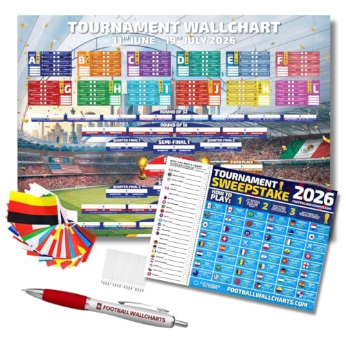 2026 World Tournament Wallchart Bundle A2 Sized Stadium Flags Style Tournament Tracker with Flags Sweepstake Pen & Hanging Kit (42 x 59.4 cm)
