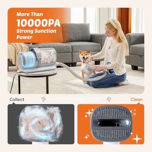 Image of DUMOS Pet Grooming Vacuum Kit, 3 Adjustable Suction Modes Dog Hair Clipper, 5 Professional Grooming Tools with Low Noise Cat Hair Clippers, 2.5L, Gray