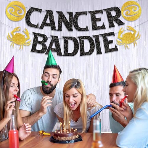 Image of Cancer Baddie Banner for June July Birthday Party Decorations, Black Gold Zodiac Cancer Birthday Banner for Horoscope, Astrology Bday Party Decor, Ideas, Jokes and Favors (Black + Gold)
