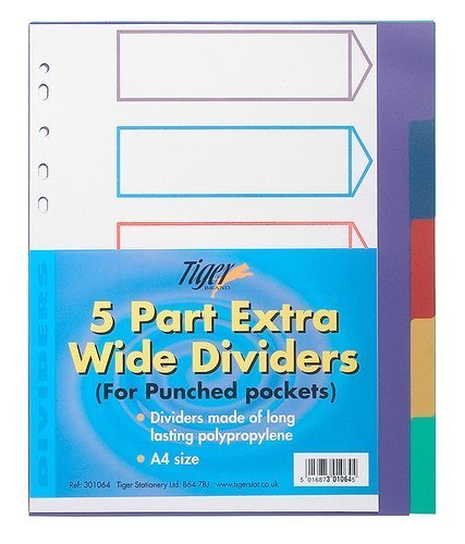 10 X Tiger A4 5 part extra wide dividers for use with punched pockets
