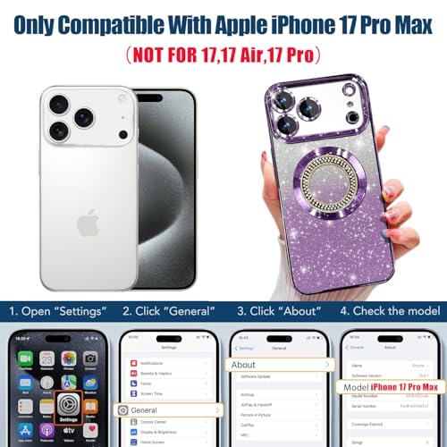 Image of Misscase for iPhone 17 Pro Max Magnetic Glitter Case Compatible with MagSafe,Full Protection Slim Shockproof Anti-Scratch Case with Camera Lens Protector Plating Bling Dust-Proof Net Purple