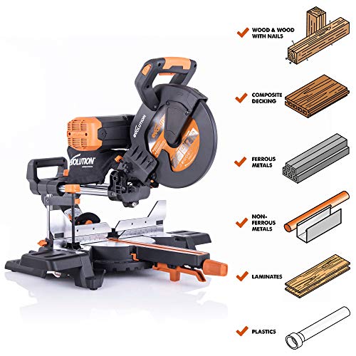 Evolution Power Tools R255SMSDB+ 15 Amp 10 in. Premium Dual Bevel Sliding Miter Saw w/Laser and Multi-Material Cutting Blade