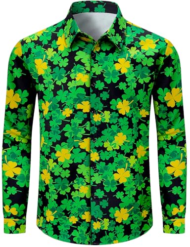 COSAVOROCK St Patricks Day Shirt Herren Kleeblatt Langärm Hemd Grün L
