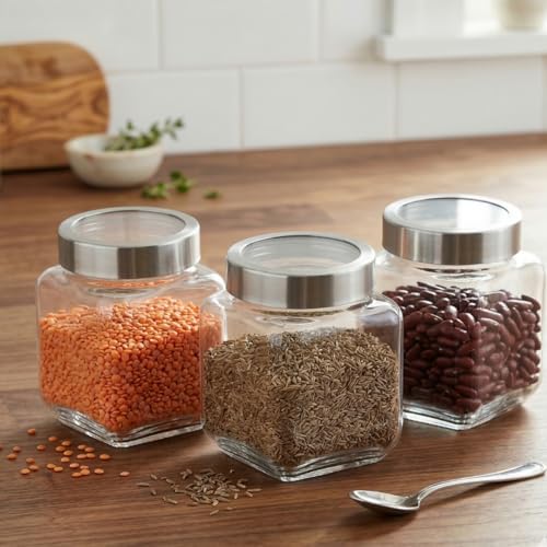 Image of CROCO JAR Square Glass Storage Containers 310ml | Transparent Airtight Kitchen Jars with Steel Lid | Cubical Glass Jars for Pantry, Snacks, Dry Fruits, Masala, Pickle & Coffee Beans | Pack of 6