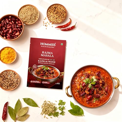 Image of Hommies Rajma Masala Curry Spice Mix | Ready to Cook in 15 Mins | Just Add Rajma & Water | Authentic Punjabi Curry Masala | Serves 4 | Bold & Flavorful Taste | No Preservatives | Pack of 4 (200g, 50g Each)