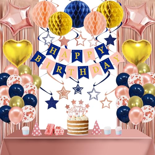 Image of Navy Rose Gold Pink Birthday Party Decorations Supplies Happy Birthday Banner Honeycomb Balls Fringe Curtain Foil Balloons Hanging Swirls Cake Topper Tablecloth Party Supplies for Women Girls