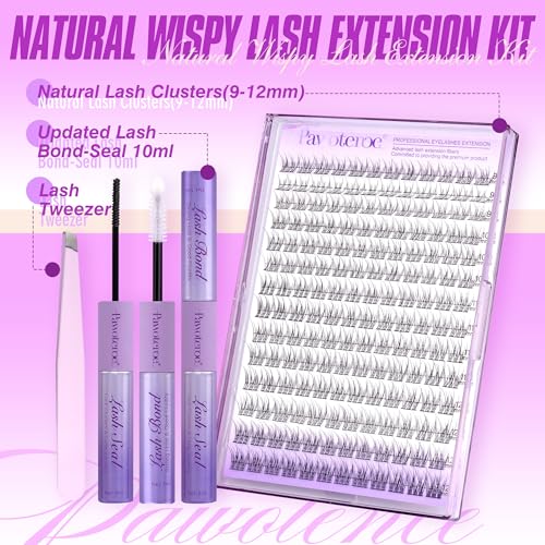 Image of Pawotence Lash Extension Kit Wispy Lash Clusters Kit 9-12mm Natural Individual Lashes Kit 168pcs Cluster Eyelash Extension Kit with Lash Bond and Seal, Lash Applicator for Self Use