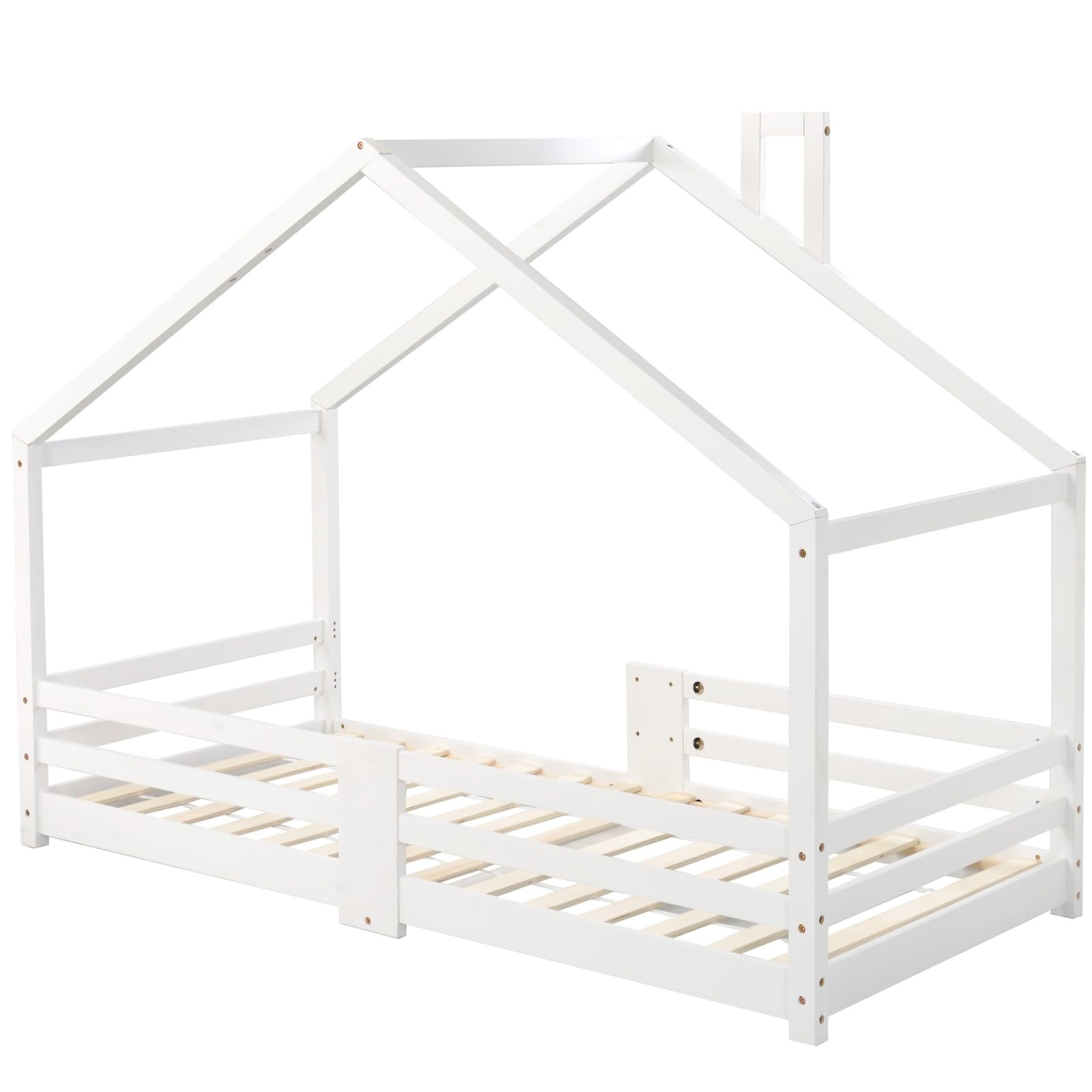 KOMHTOM Kinderbett, Hütte mit Sicherheitszaun, 90 x 200 cm, Bettrahmen mit Lattenrost aus Holz (ohne Matratze) (weiß)