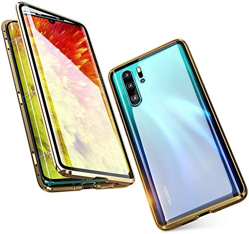 AestCase For Huawei P30 Lite Magnetic Adsorption Technology Cover 360 Degree Front and Back Transparent Tempered Glass Ultra Thin Metal Shockproof Bumper - Golden