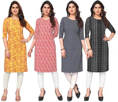 Image of JAKHANA Women's Crepe Printed Casual Straight Calf Length Round Nick Kurta Pack of 4