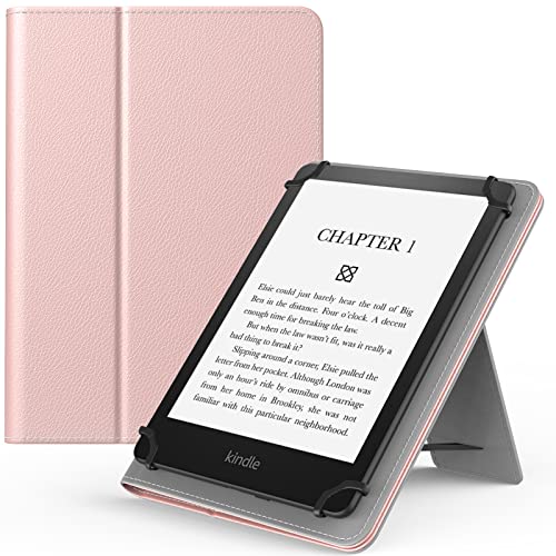 MoKo Étui Universel Compatible avec 6' 6,8' 7' Fire Tablette/Kobo/Voyaga/Sony/Kindle E-Reader Tablette, Coque de Protection Léger en Cuir PU Ultra-Mince avec Support Intégré et Dragonne, Or Rosé