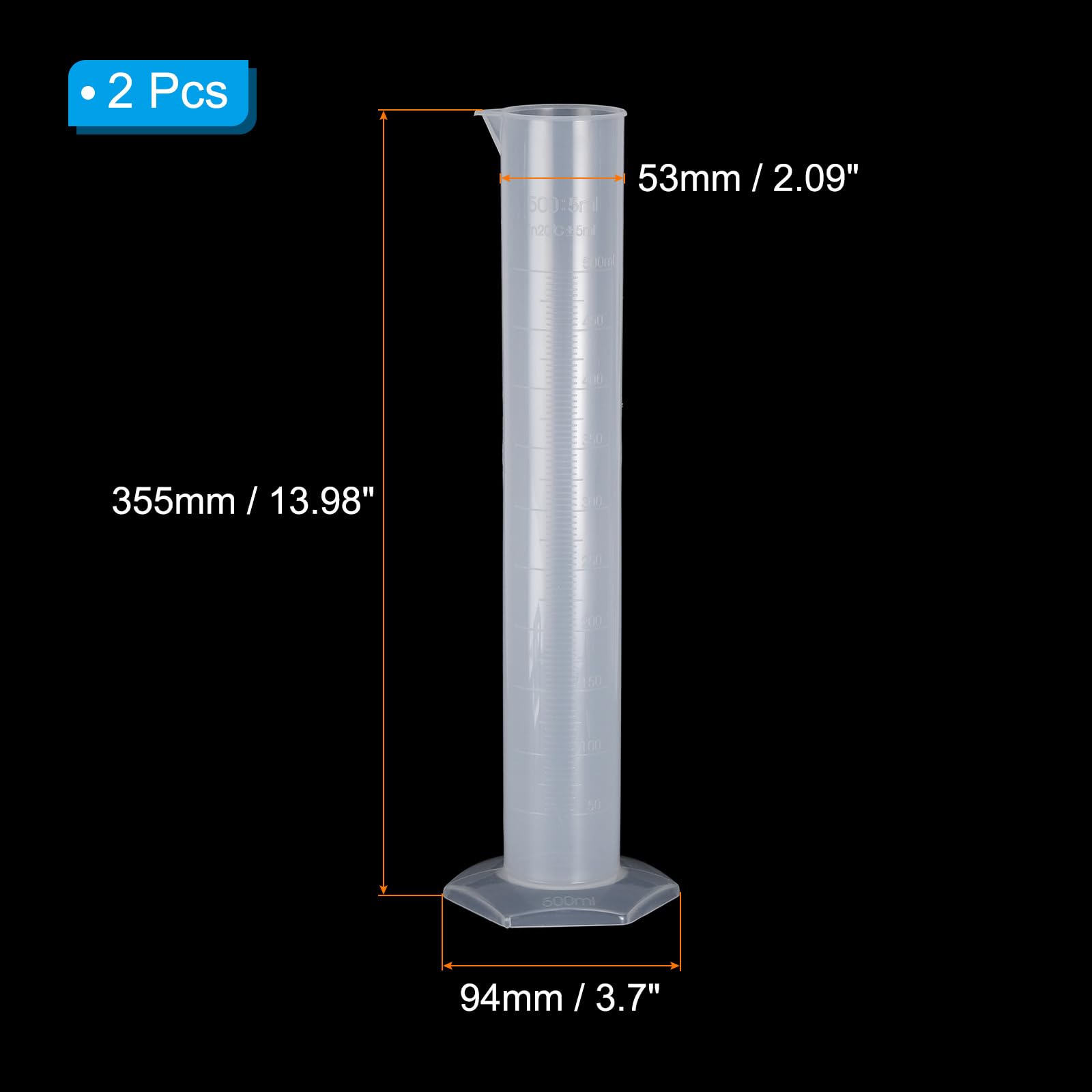 PATIKIL 500ml PP Plástico Graduado Cilindro, 2 Paquete Hexagonal Base Blanco Graduaciones Medición Cilindro para Laboratorio Hogar Uso, Claro Blanco