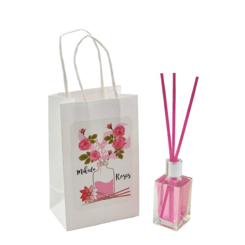 CAPRILO. Lote de 10 Mikados Varilla Perfume Rosas en Bolsa Decorativa a Juego. Regalos Originales. Ambientadores. Complementos. Detalles para Bodas, Comuniones, Bautizos y Cumpleaños. CC