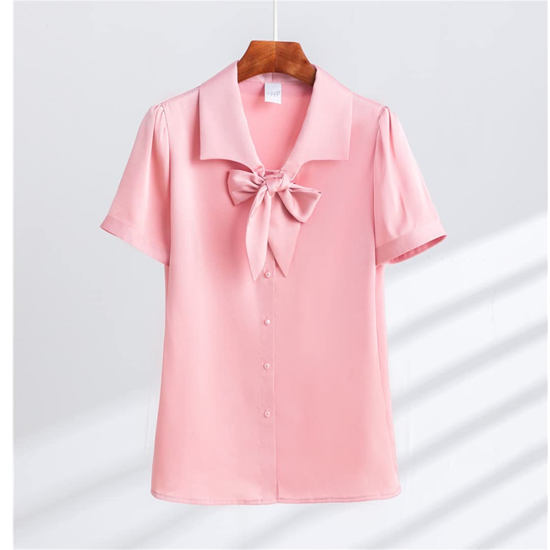 Camisa con Lazo para Mujer, Blusa Rosa de Manga Corta de Verano de Gasa, Blusas de Acetato, Camisa de Trabajo Holgada Informal para Mujer de Oficina