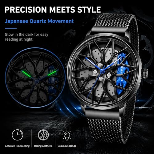 Image of Men's Car Wheel Watches, Stylish Racing Rotating Dial Analog Watches | Japanese Quartz, Luminous Function, 30M Waterproof, 360 Rotating Dial, Casual Luxury Wrist Watch, Gift for Car Enthusiast