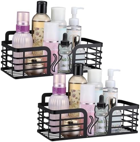 2 Pack Shower Caddy with Cat Black Metal Adhesive Shower Shelves ...