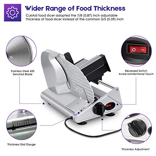 CukAid Electric Meat Slicer Machine, Deli Cheese Bread Food Slicer, Dishwasher Safe, Removable Stainless Steel Blade & Food Carriage and Pusher, 7/8 Inch Adjustable Thickness,180W - Thumbnail 2