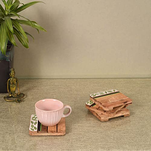 Image of AAKRITI ART CREATIONS Minty Leaves Hand Painted Coasters | Wooden Coaster Set of 4 | Decorative Coaster Matte Finish | Floral Art Mango Wood Handcrafted Coasters | Brown Wooden Coaster Set
