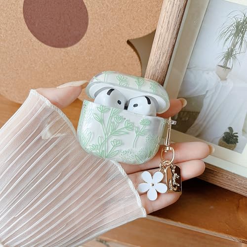 Image of MINSCOSE for AirPods 4 Clear Case,Cute Flower Floral Aesthetic Design with Floral Keychain, Soft TPU Protective Shockproof Case for Women Girl for Airpods 4-Green