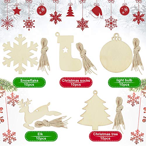 GOLRISEN 50 PCS Holzanhänger Weihnachten Weihnachtsbaumschmuck Holz Christbaumschmuck Bemalen Natur Weihnachtsdeko Basteln Christbaumschmuck aus Holz Selber Machen Baumschmuck Holz Anhänger