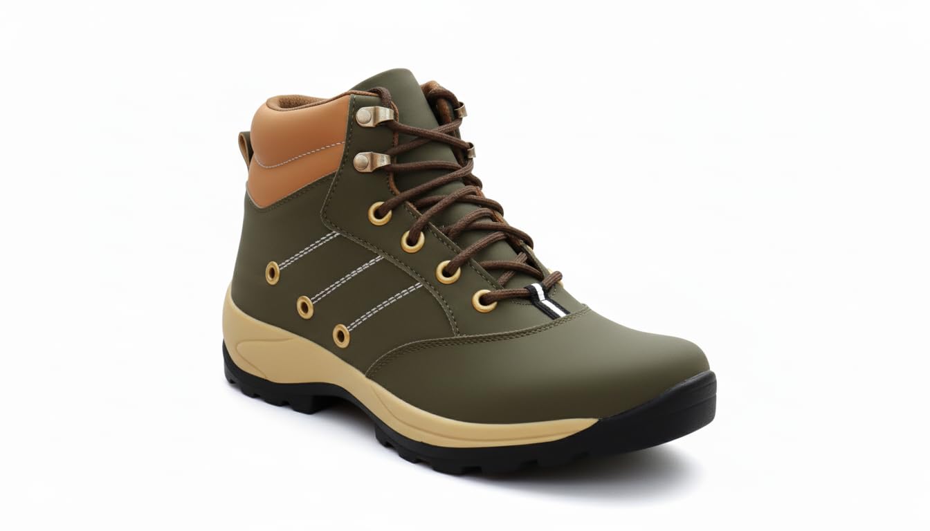 Hiking Boots, Black and Tan, Lace-Up High Ankle, Metal Eyelets, Rugged Outdoor Footwear