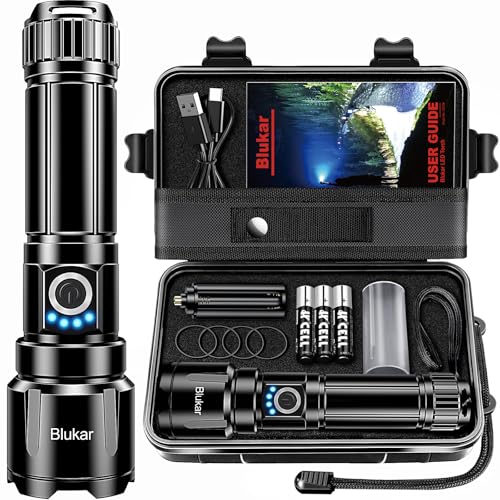 Blukar Linternas LED Alta Potencia, Recargable Linternas con 5 Modos de Luz, Zoomable, Impermeable Portátil Linterna para Camping/Senderismo/Al aire Libre/Emergencias