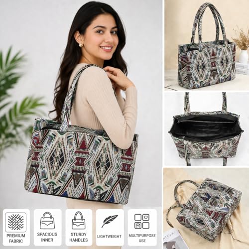 Image of Stylish Buoy Tote Bag for Girls & Women | Sturdy Cotton Blend Jacquard | Double Shoulder Ladies Handbag Purse For Daily & Office,Travel Use | Zip Pocket | Handcrafted