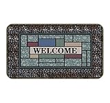 UINHMOP 17''×30'' Vintage Cobblestone Pattern Welcome Decorative Doormat,Geometric Blue Stone Welcom