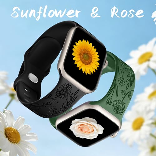 Image of SNBLK 6 Pack Floral Engraved Bands Compatible with Apple Watch Bands 40mm 41mm 42mm 38mm 44mm 45mm 46mm 49mm Women Men, Silicone Flower Pattern Strap for iWatch Series 11 10 Se Ultra 9 8 7 6 5 4 3 2 1
