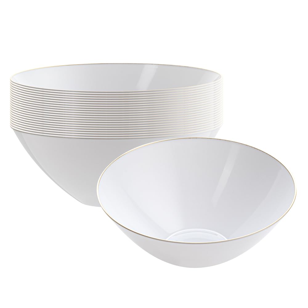 Restaurantware Moderna 6 Ounce Plastic Bowls 20 Durable Disposable Salad Bowls - Gold-Rimmed Heavy-Duty White Plastic Fancy Bowls For Warm And Cold