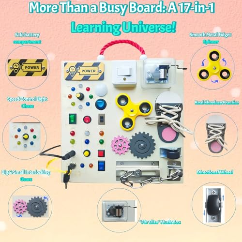 M.Zibos Montessori Busy Board with LED Lights - Wooden Sensory Toy for 1-4 Year Old Toddlers | 10 Switches, Music Box, Spinning, Gears & More | Eco-Friendly Learning Activity Board - Image 3